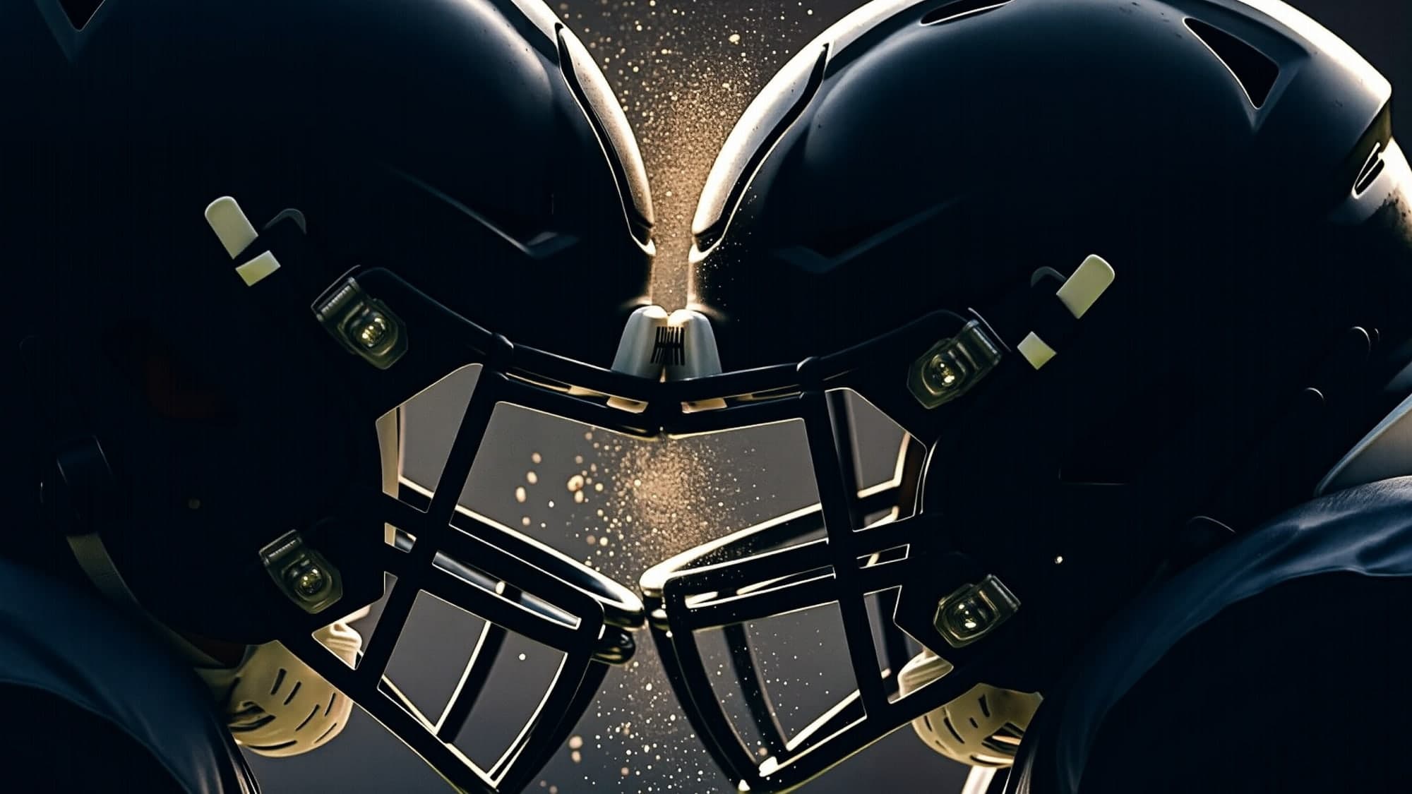 Two football helmets meeting at the instant of collision, a shower of sparks suspended between them.