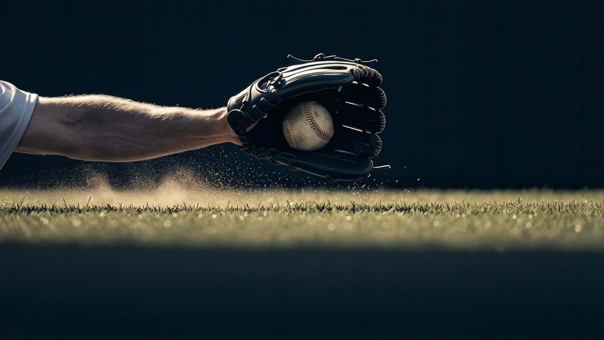 An arm stretched to full reach with a baseball settling into the webbing of the glove, grass and dust flying beneath it.